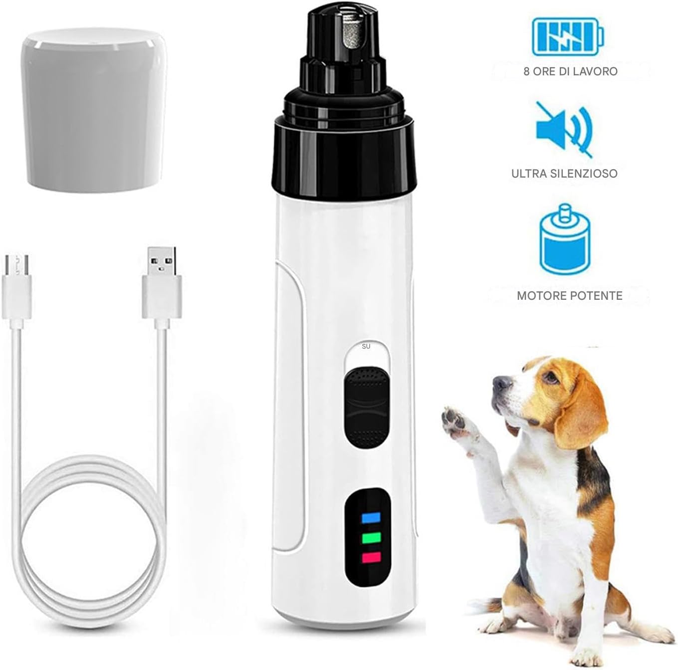 Dog Nail Grinder, Quiet 2-Speed Adjustable Cat Nail Trimmer, Rechargeable Pet Grooming Tool, 5.51 x 1.38 x 1.38 Inches for Hygiene, Relaxing, and Cleaning, White Black