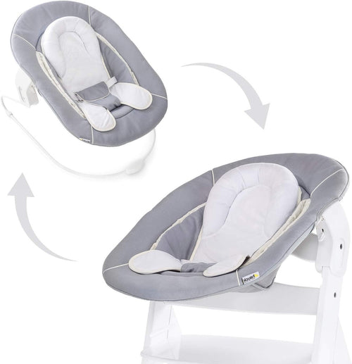 hauck Alpha Bouncer 2-in-1, Grey - Baby Bouncer with Rocking Base Compatible with Alpha+ and Beta+ Baby High Chairs - from 0 Months to 9 kg - with 3-Point Belt and Seat Reducer