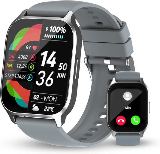 Smart Watch for Men Women, 1.85'' Full Touch Screen Fitness Tracker with Bluetooth Call/Heart Rate/Blood Oxygen/Sleep/Stress Monitor, IP68 Waterproof Smartwatch for Android iOS (Gray)