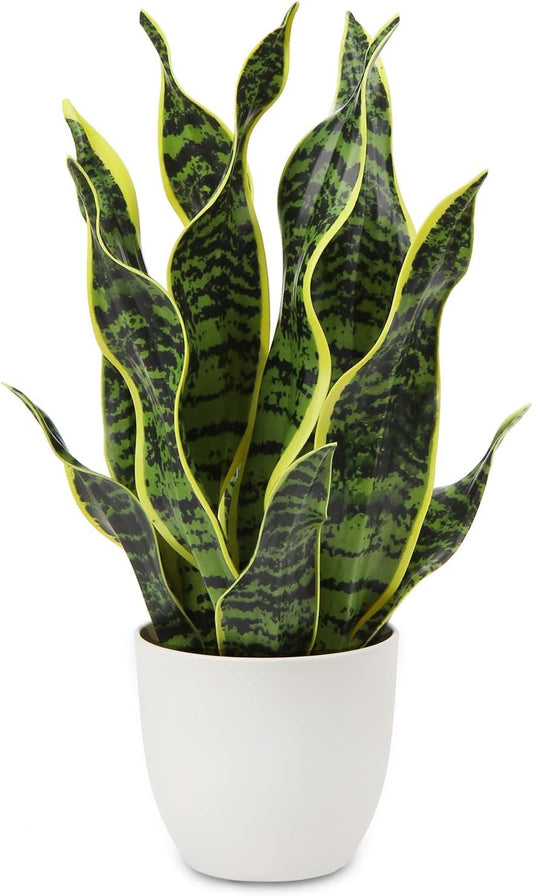 Artificial Snake Plant Potted Faux Sansevieria Trifasciata Plants, 17" Tropical Fake Plants in White Pots for Home Office Desk Outdoor Décor Housewarming Gift