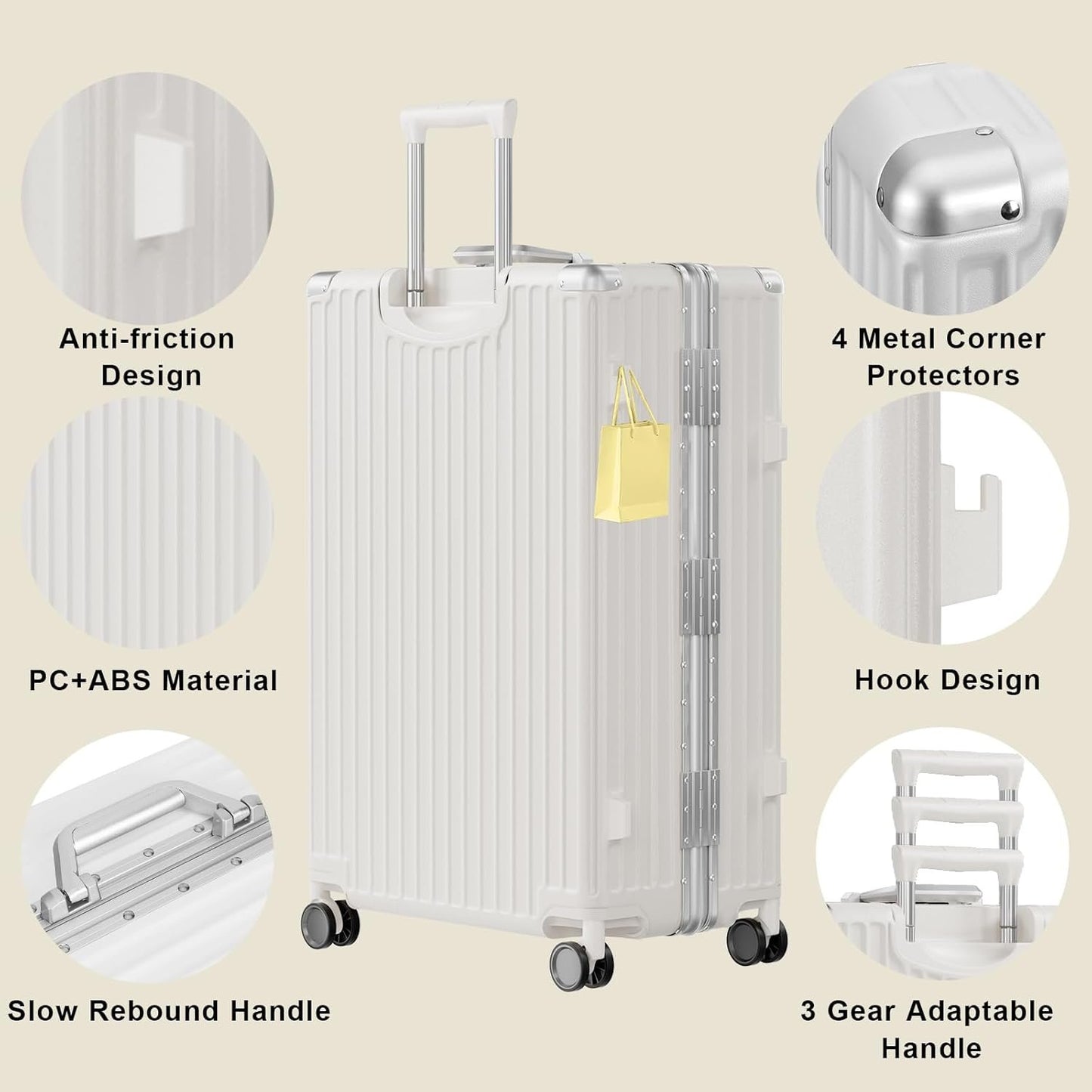 AnyZip Carry On Luggage PC+ABS Aluminum Frame Zipperless Luggage Hard Shell Suitcase with TSA Lock Double Spinner Wheels 20 Inch White