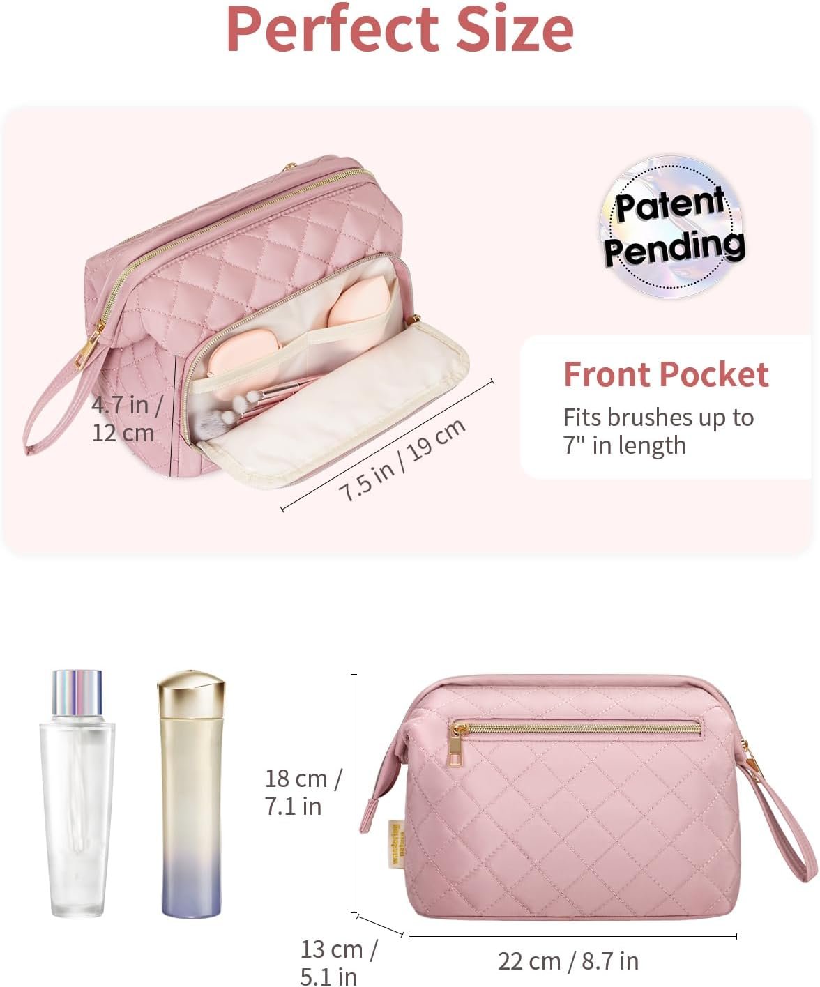 Wandering Nature Makeup Bag,Quilted Make up Bags for Women,Wide-Open Cosmetic Bag, Large Makeup Organizer Case, Travel Pouch for Travel Essentials Toiletries Accessories Brushes, Pink Patent Pending