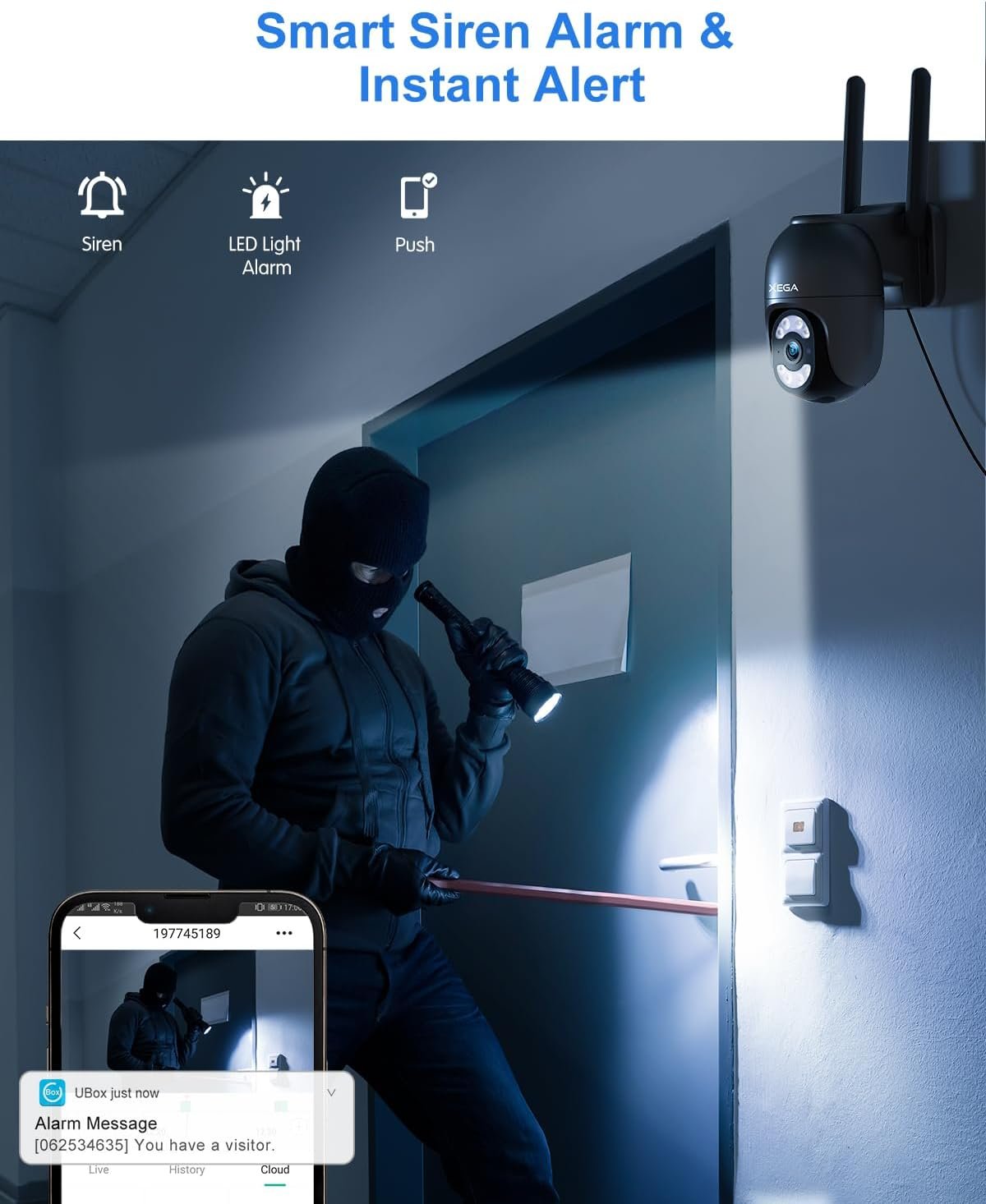Xega 4G LTE Security Camera Outdoor with SIM Cardã€Plug in 24/7 Recordingã€‘ 2K Wired 4G No WiFi Security Camera, IP PTZ CCTV Auto Tracking Human Detection Spotlight Siren Alert TF Cloud Storage IP66