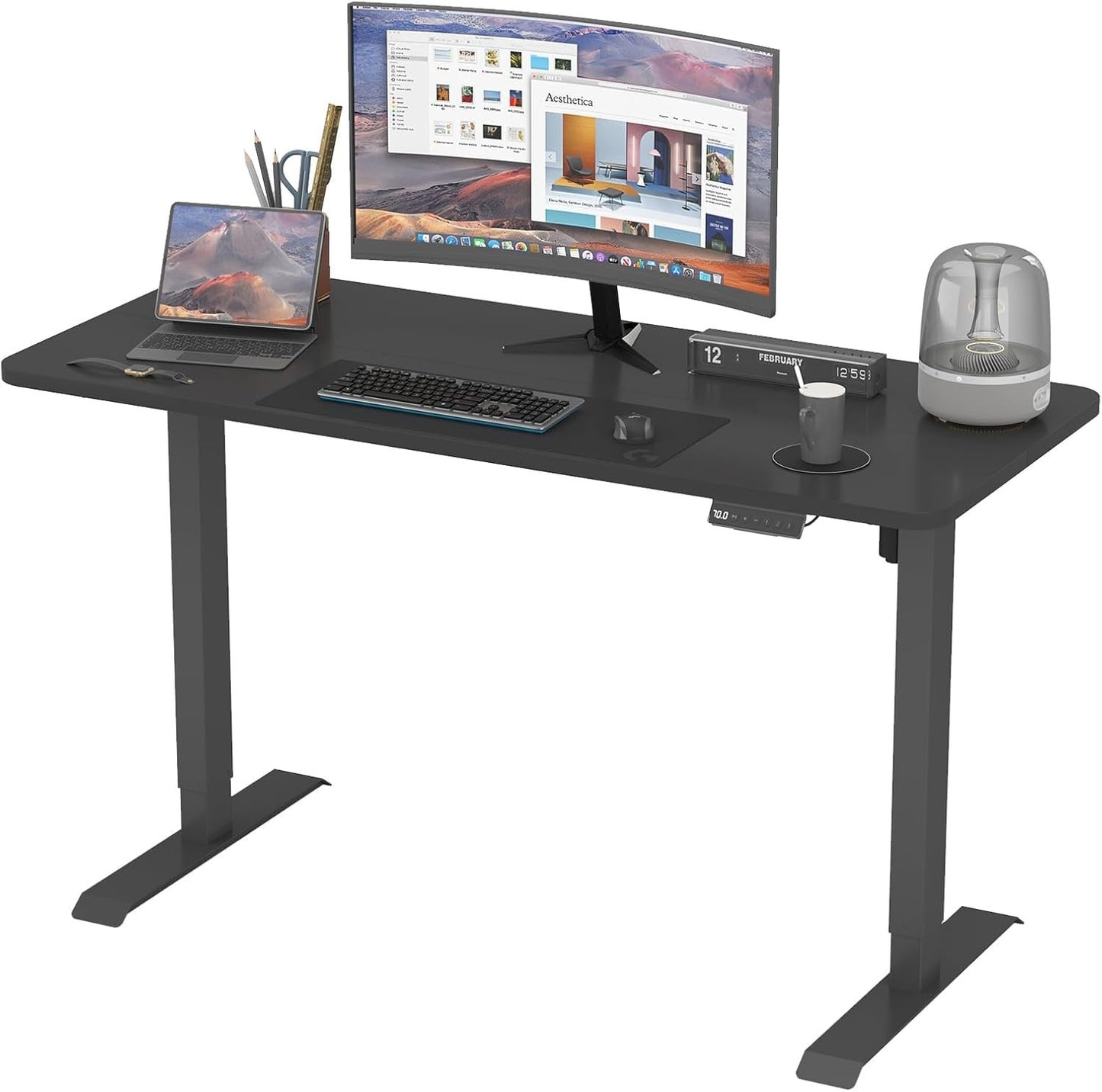 Ufurniture Electric Standing Desk, 72-115cm Height Adjustable Electric Computer Workstation with Smart Memory Lifting Base Sturdy Motor Sit Stand Up Table, Black Frame/Black Desktop, 140x60cm