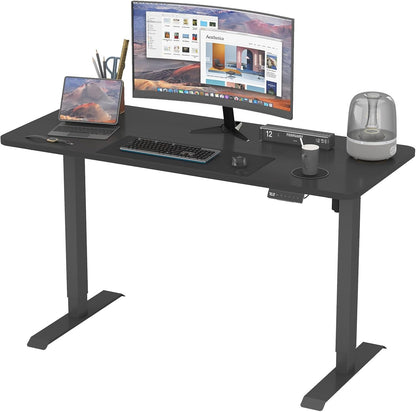Ufurniture Electric Standing Desk, 72-115cm Height Adjustable Electric Computer Workstation with Smart Memory Lifting Base Sturdy Motor Sit Stand Up Table, Black Frame/Black Desktop, 140x60cm