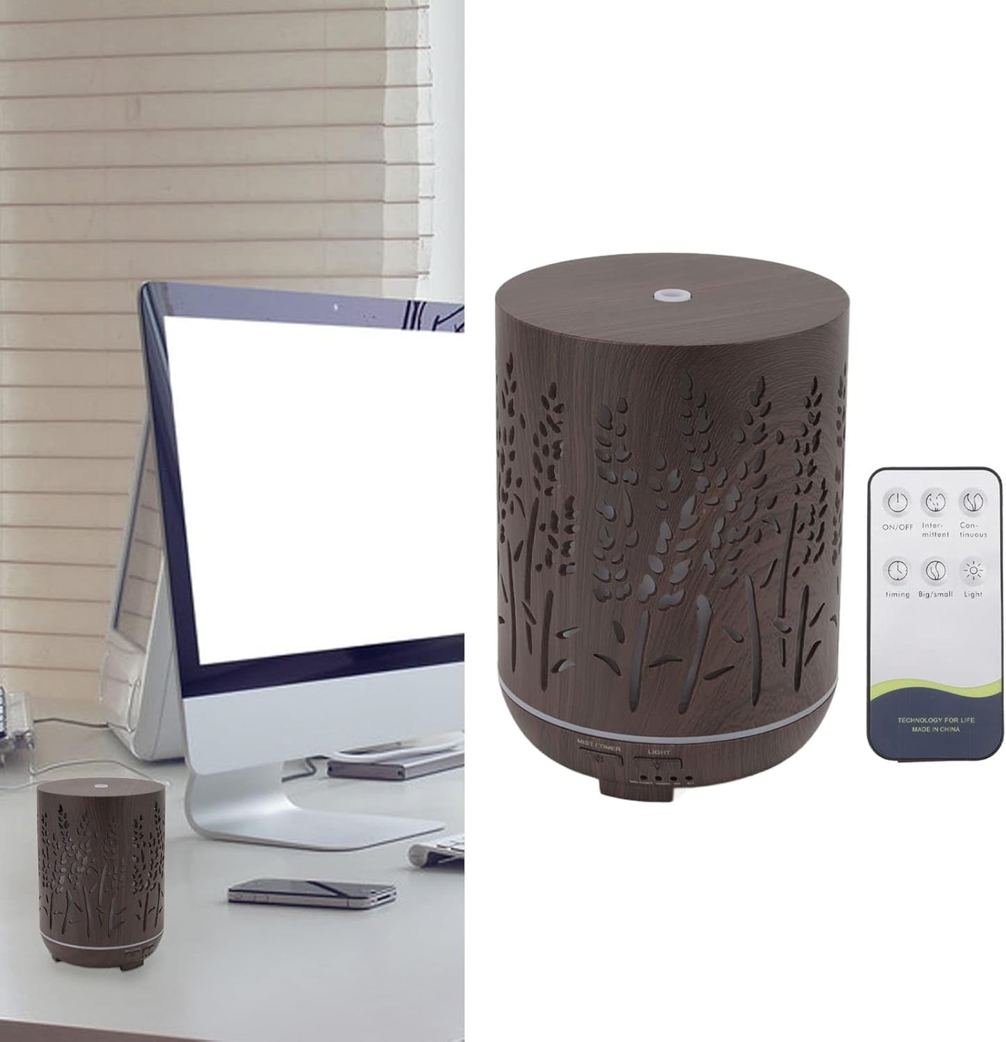 UHCPVHQQQ Aroma Air Humidifier, Automatic Power Off Ambience Night Light Remote Control Portable 300ml Wood Grain Air Humidifier for Living Rooms