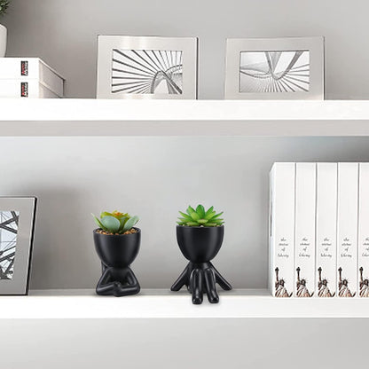 Fake Succulent, Mini Succulents Plants Artificial in Black Modern Human Shaped Ceramic Pots Cute Desk Decor Desk Plant for Office Decor, Cute Fake Plants Bathroom Decor 2PCS