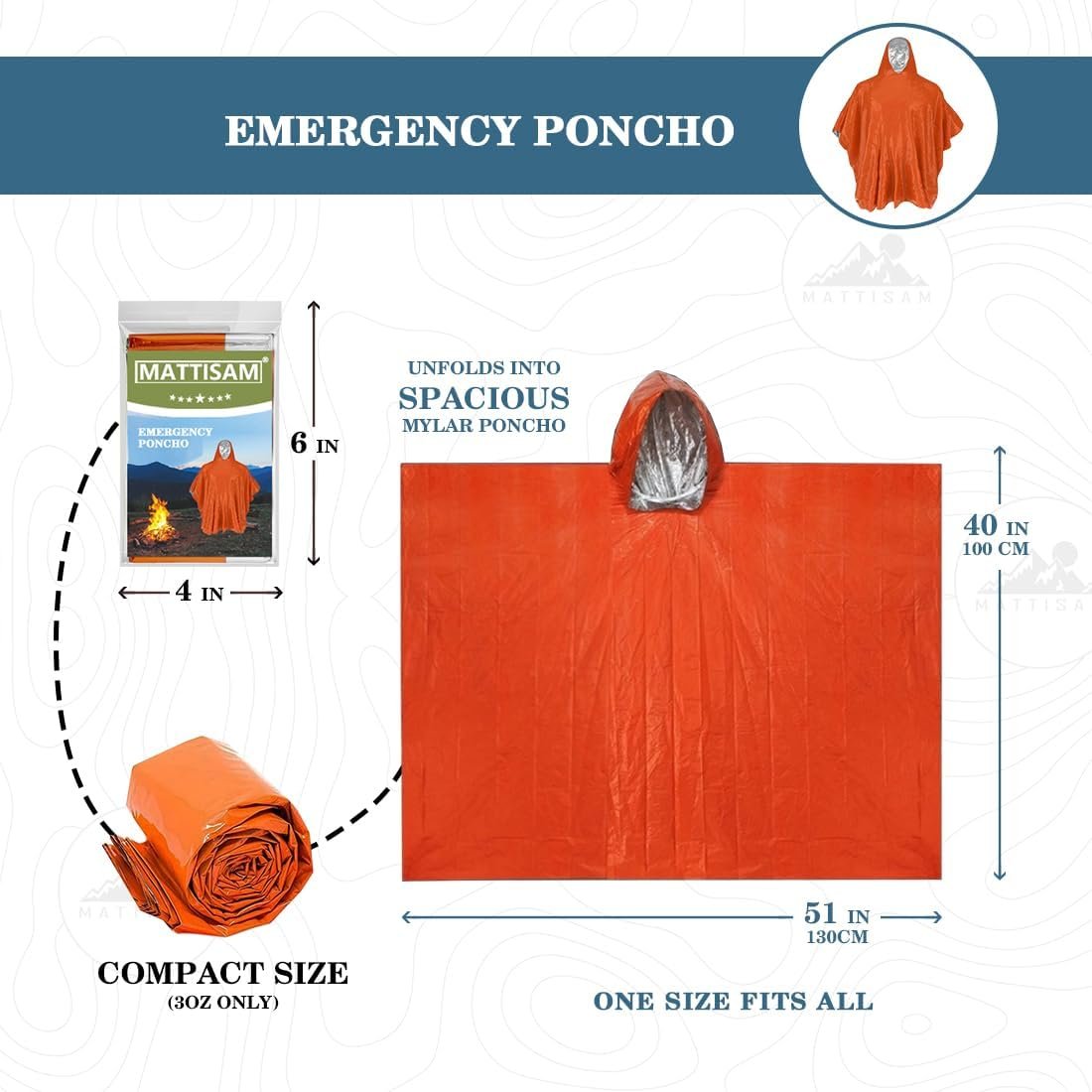 MATTISAM Emergency Sleeping Bag with Hood & Emergency Rain Poncho [2PCS], Ultralight Waterproof Thermal Mylar Foil Space Blanket Survival for Hiking Backpacking Camping