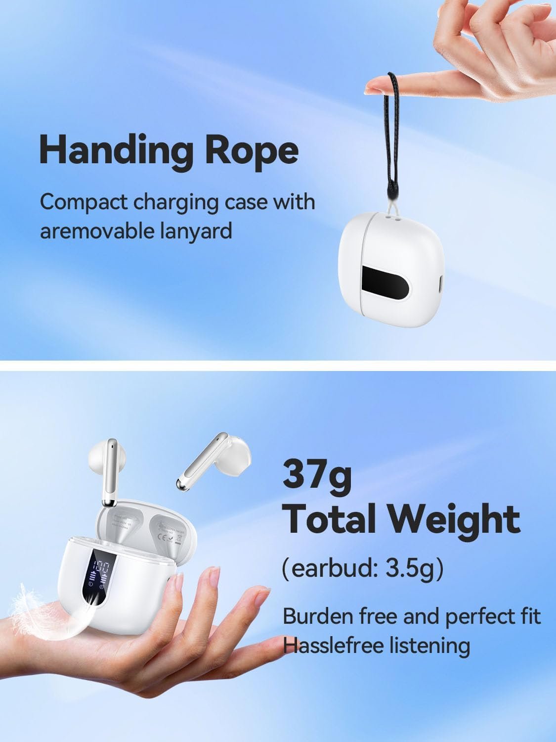 Wireless Earbuds, 2025 Bluetooth 5.3 Headphones HiFi Stereo with 4 HD Mic, 40H Playtime Bluetooth Earbuds with Dual LED Display, IP7 Waterproof Wireless Earphones, Touch Control Ear Buds,USB-C,White