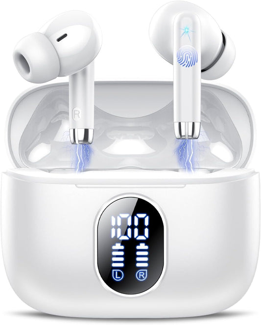 Wireless Earbuds, 2025 New Bluetooth 5.4 Headphones HiFi Stereo with 4 ENC Mic, 40H Mini Ear Buds In-Ear Noise Cancelling Earbuds with LED Screen, Ultra Light USB-C Bluetooth Earphones for Android iOS