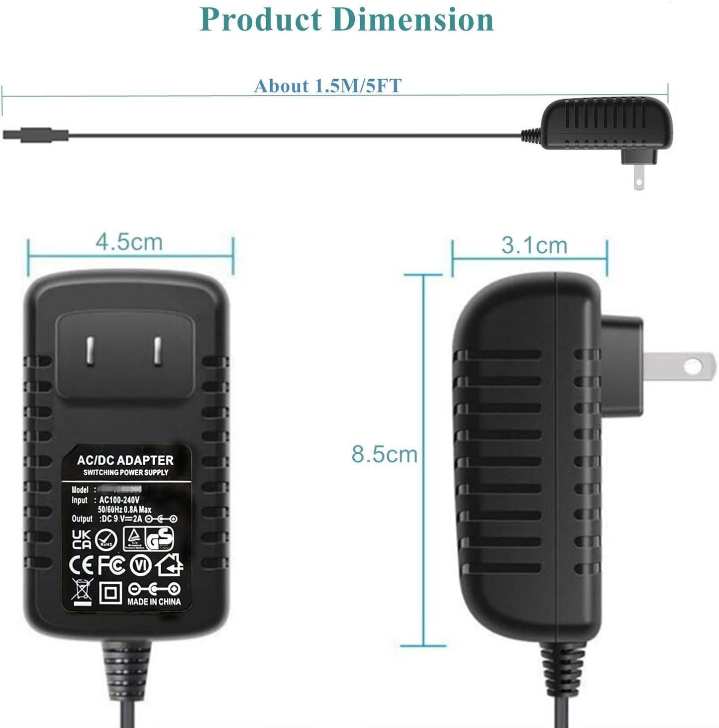 [Polarity Changeable] Universal 9V AC Adapter DC9V 2A Power Supply with 8 DC Plug Tips AC110V to DC9V 2A 1.5A 1A 500mA 400mA 200mA 100mA Power Adapter 9volt Converter Transformer Charger dc9v