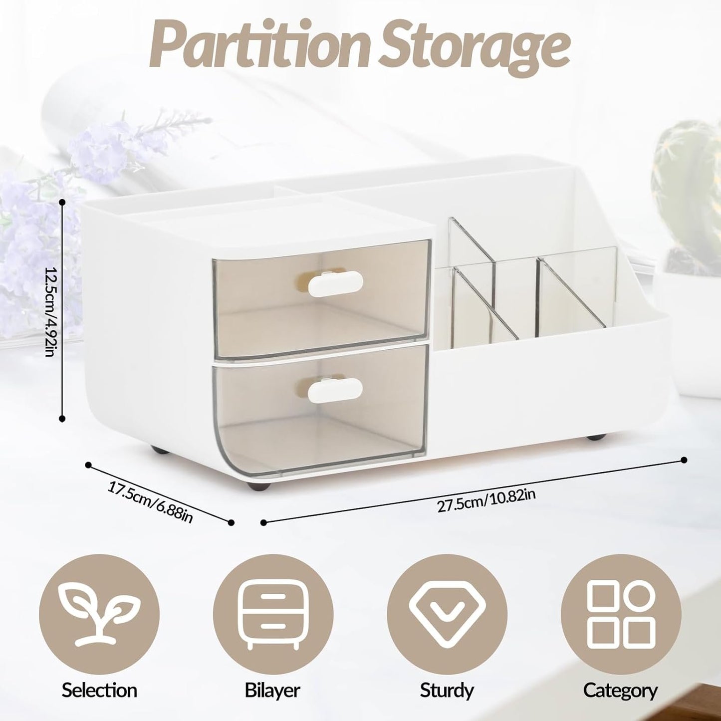 Witwatia Desk Organizer with 2 Drawer, Plastic Desk Organizers and Storage with 5 Compartments, Cosmetic Makeup Storage Box with 3 Pen Holder, Desktop Organization for Bathroom School Home Office