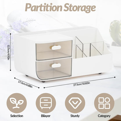 Witwatia Desk Organizer with 2 Drawer, Plastic Desk Organizers and Storage with 5 Compartments, Cosmetic Makeup Storage Box with 3 Pen Holder, Desktop Organization for Bathroom School Home Office