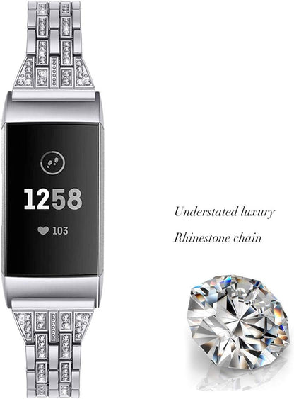 BORCHY Bling Bands Compatible with Fitbit Charge 4/Fitbit Charge 3/Fitbit Charge 3 SE Smartwatch,Rhinestone Dressy Bracelet Replacement Metal Bands with Bling Diamond Rhinestone Bracelet Metal Strap for Wristbands Jewelry Strap Women Girl