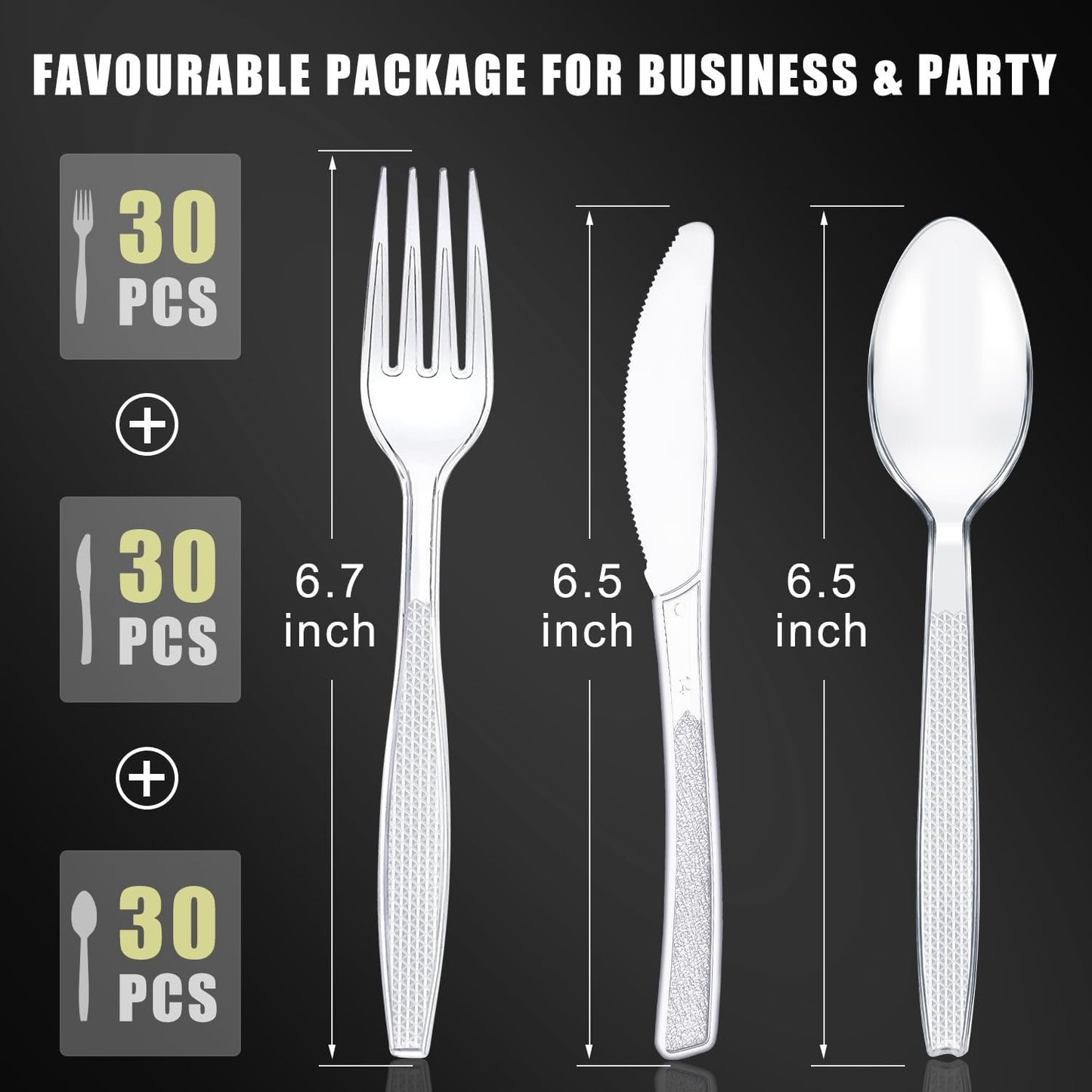 Plastic Cutlery Set 90 Pieces,30 Plastic Forks,Knives and Plastic Spoons,Reusable Plastic Cutlery Transparent and Robust Cutlery Sets for Birthday Party Barbecue Party Wedding ect (Transparent)