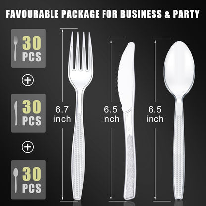 Plastic Cutlery Set 90 Pieces,30 Plastic Forks,Knives and Plastic Spoons,Reusable Plastic Cutlery Transparent and Robust Cutlery Sets for Birthday Party Barbecue Party Wedding ect (Transparent)