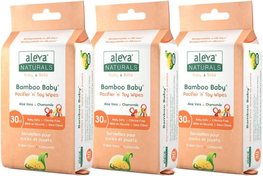 Aleva Naturals Bamboo Baby Pacifier and Toy Wipes - Natural and Organic Ingredients with Lemon Oil, Safely Cleans Bottles, Nipples, Cups, Extra Strong and Ultra Soft - Value Pack- 30ct x 3 (90 Wipes Total)