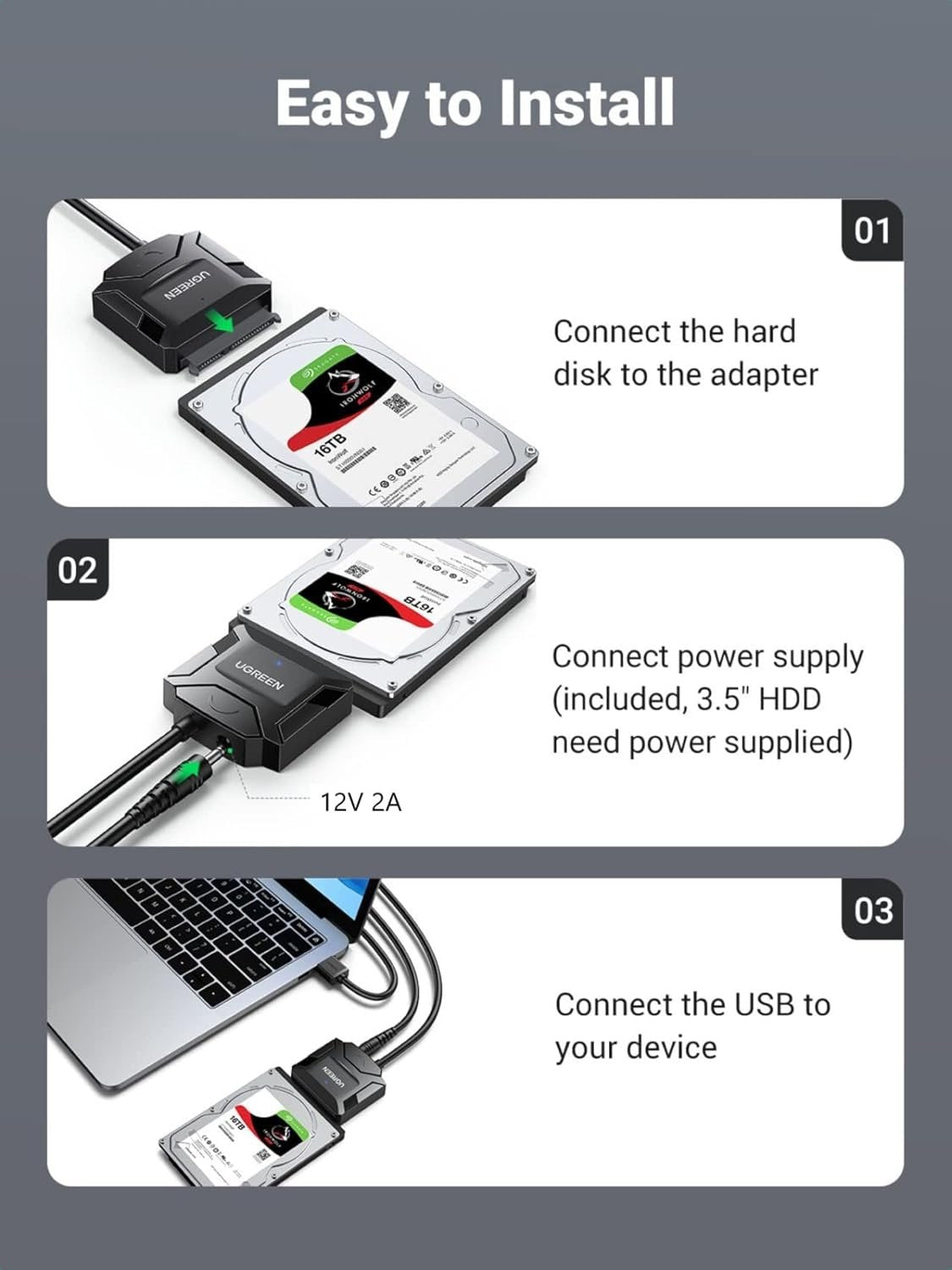 UGREEN SATA III to USB 3.0 Adapter Cable for 3.5 2.5 Inch SSD HDD, Hard Drive Disk Support UASP, with 12V Power Adapter, Not for IDE SSD