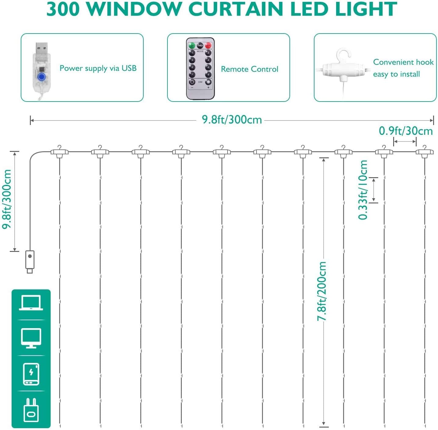 Fairy Curtain Lights, AmazerTec 300 LED Window Curtain String Light Wedding Party Home Garden Bedroom Outdoor Indoor Wall Decorations (Warm White)