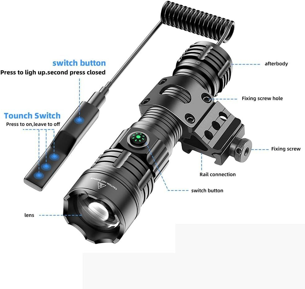 haixnfire Outdoor Camping Tactical Flashlight Type-C USB Rechargeable 6000 lumens 3 Light Mode Telescopic Zoom LED Guide Light Pressure Switch Picatinny Rial Flashlight