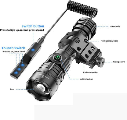haixnfire Outdoor Camping Tactical Flashlight Type-C USB Rechargeable 6000 lumens 3 Light Mode Telescopic Zoom LED Guide Light Pressure Switch Picatinny Rial Flashlight