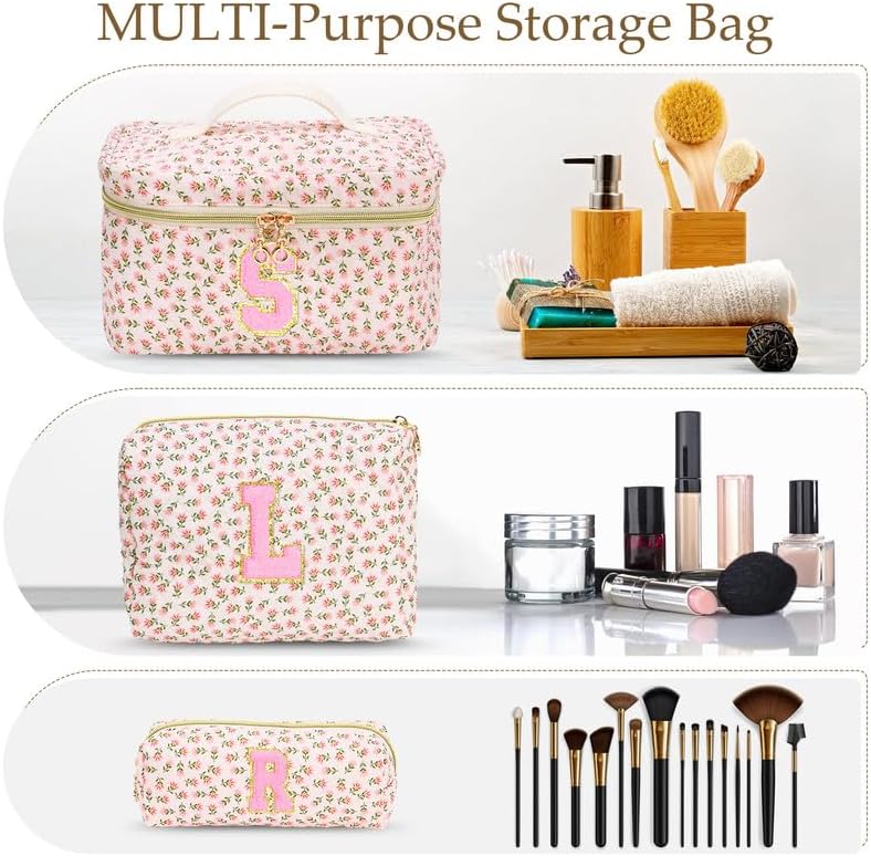 3 PCS Travel Makeup Bag Set, A-Z Initials Cotton Make up Bag Floral Quilted Cosmetic Bag for Girls and Women, Personalized Cute Toiletry Bag Travel Accessories Brushes Bag Yellow - A