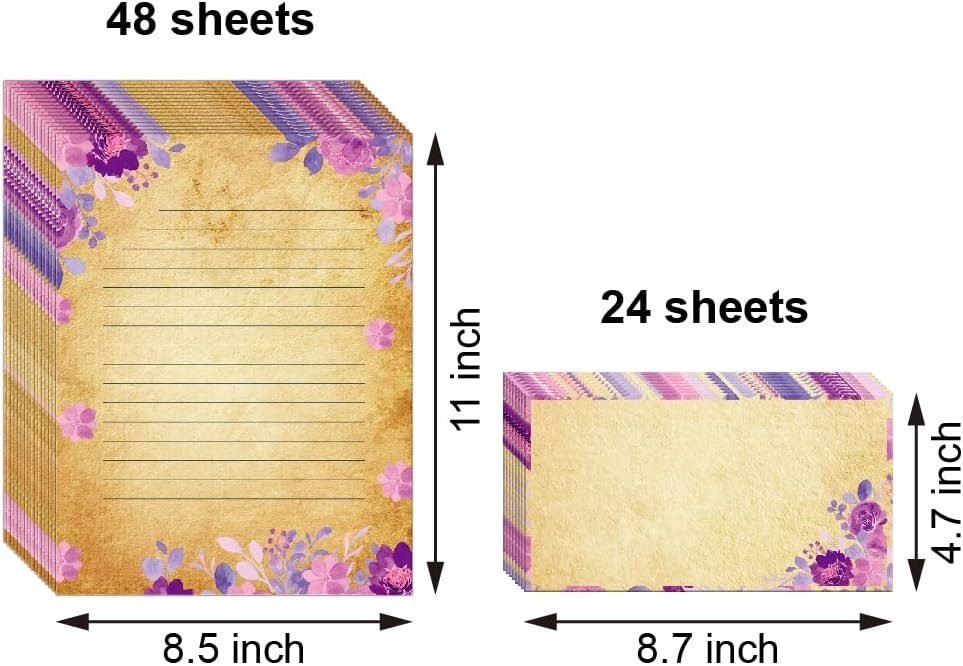 Vintage Stationary Paper and Envelopes Set Vintage Floral Stationary Paper Set with Lined Letter Writing Paper – 48 Sheets + 24 Envelopes, 8.5 x 11 Inch of Each Stationary Paper