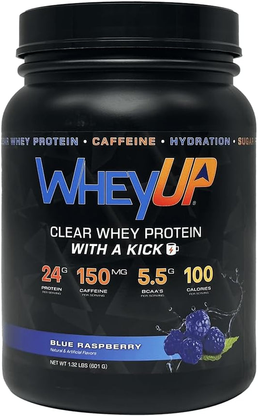 Clear Whey Isolate Protein Powder, Blue Raspberry, 150mg Caffeine + 24g Protein - 20 Servings - 5.5g BCAA'S - 100 Cal. - Sugar Free - 500mg Coconut Water for Hydration - Pre-Post Workout Drink