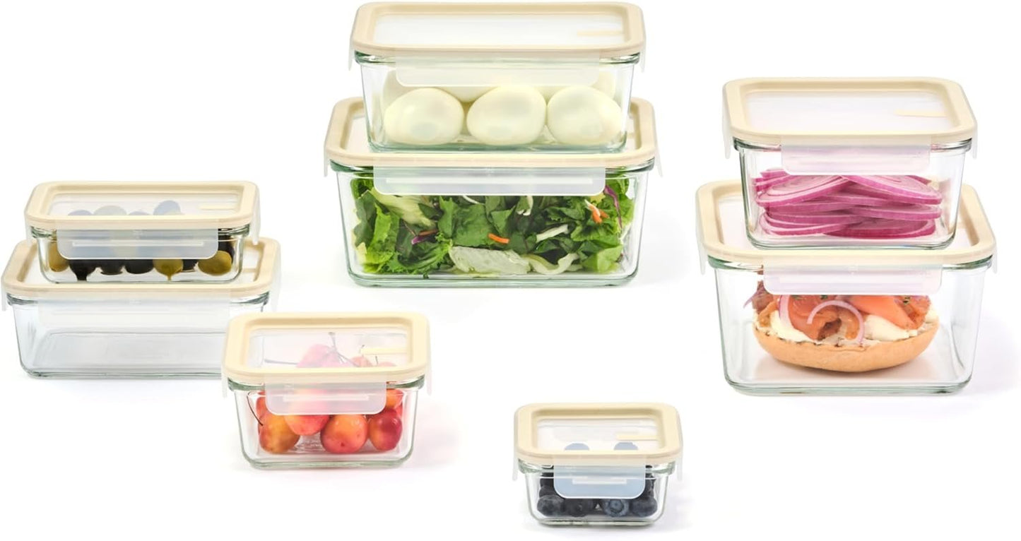 GLASSLOCK Sens 16Pcs Glass Food Storage Set â€“ Airtight & Leakproof, 8 Different Sizes, Anti Slip Lid, Microwave & Oven Safe, Perfect for Meal prep, Lunch Box, Nestable & Stackable, Pantry Storage