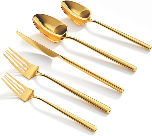Oval Gold Cutlery Set, 20-Piece Silverware Set, Stainless Steel Flatware, Service for 4, Dishwasher Safe (American Design)