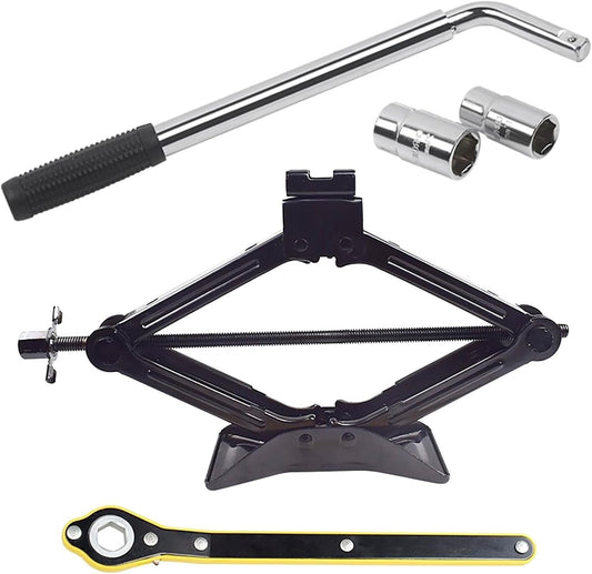 QISF 5PCS Universal Car Jack Emergency Kit, Portable 2Ton/4400LBS Scissor Jack with Lug Wrench and Ratchet Wrench Ideal for Auto SUV Tire Jack Lift Use