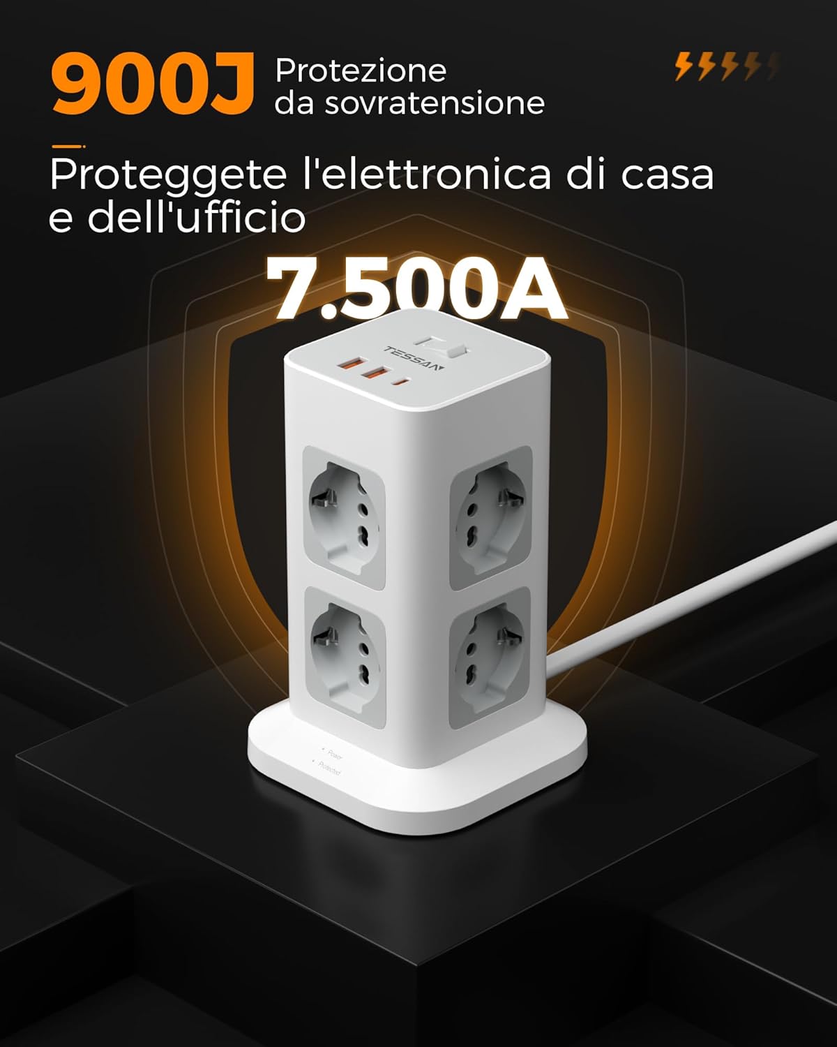 TESSAN Girgio Power Strip with USB 20 W, Electric Power Strip with 8 IT 16A Sockets, Overvoltage Protection Power Strip with Switch and 2 Metres Electrical Extension, 3680 W Socket, Girgio