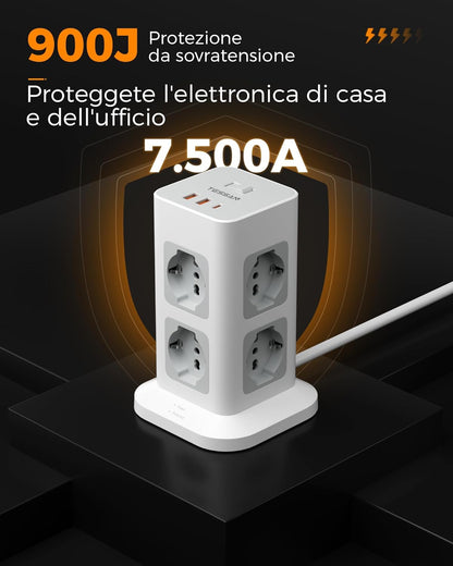TESSAN Girgio Power Strip with USB 20 W, Electric Power Strip with 8 IT 16A Sockets, Overvoltage Protection Power Strip with Switch and 2 Metres Electrical Extension, 3680 W Socket, Girgio
