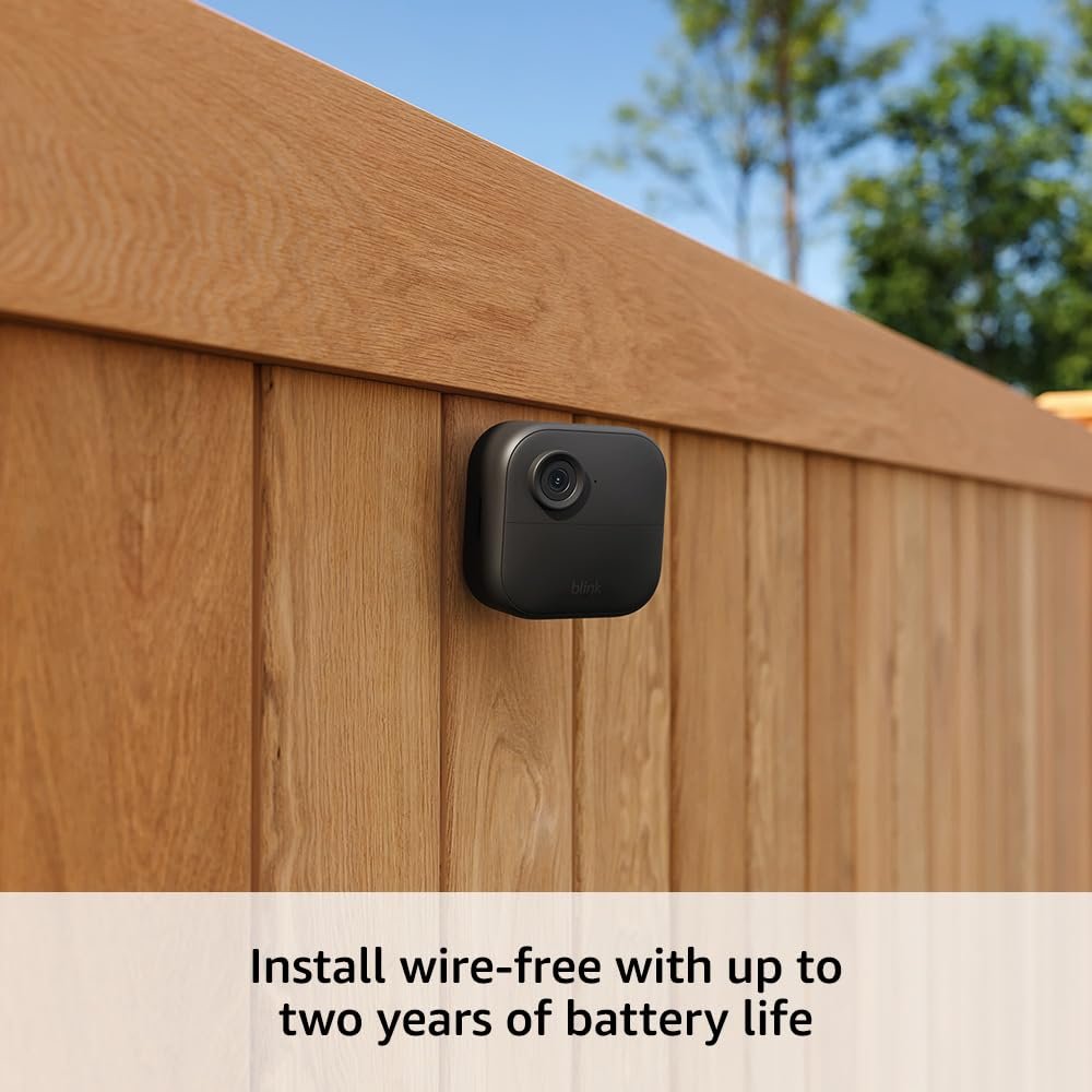 Blink Outdoor 4 (newest model), Wireless smart security camera, two-year battery, 1080p HD day and infrared night live view, two-way talk – 3 camera system