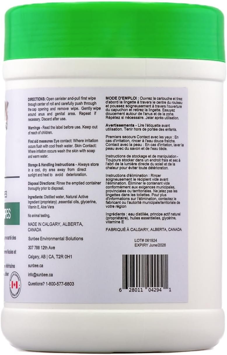 Made in Canada Sunbee Premium Bits and Butt Cleaning Wipes, Grooming for Pets, Cats 110-count