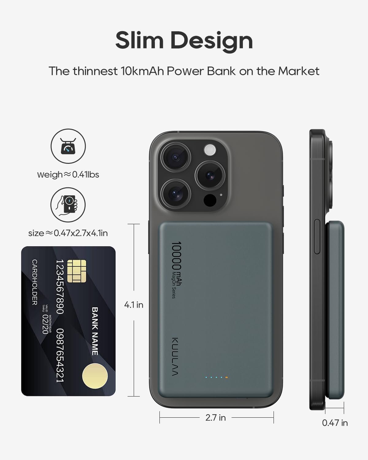 Kuulaa Magsafe Power Bank 10000mAh 20W Fast Charging Portable Charger, Magnetic Battery Pack Compatible with iPhone 16/15/14/13/12 Serie - Grey