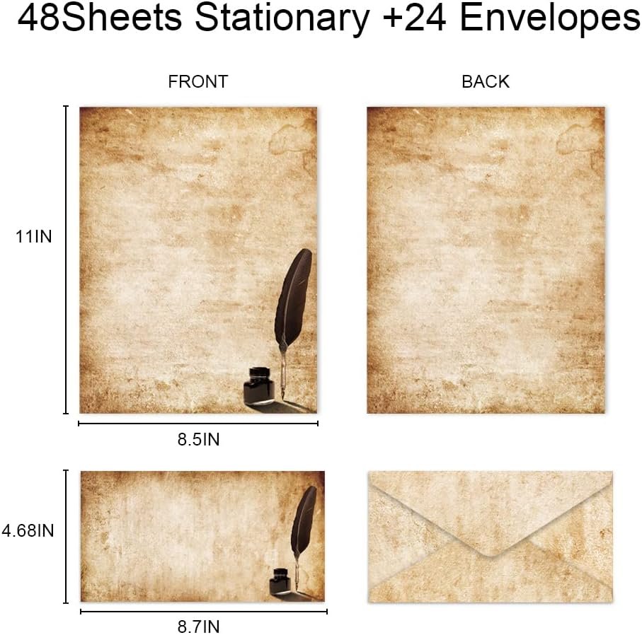 Paper Master Vintage Stationary Set, Old Fashion Letter Writing Stationary Paper and Envelopes Set, 48 Sheets Feather Stationery Set with 24 Envelopes, 8.5x11 inch