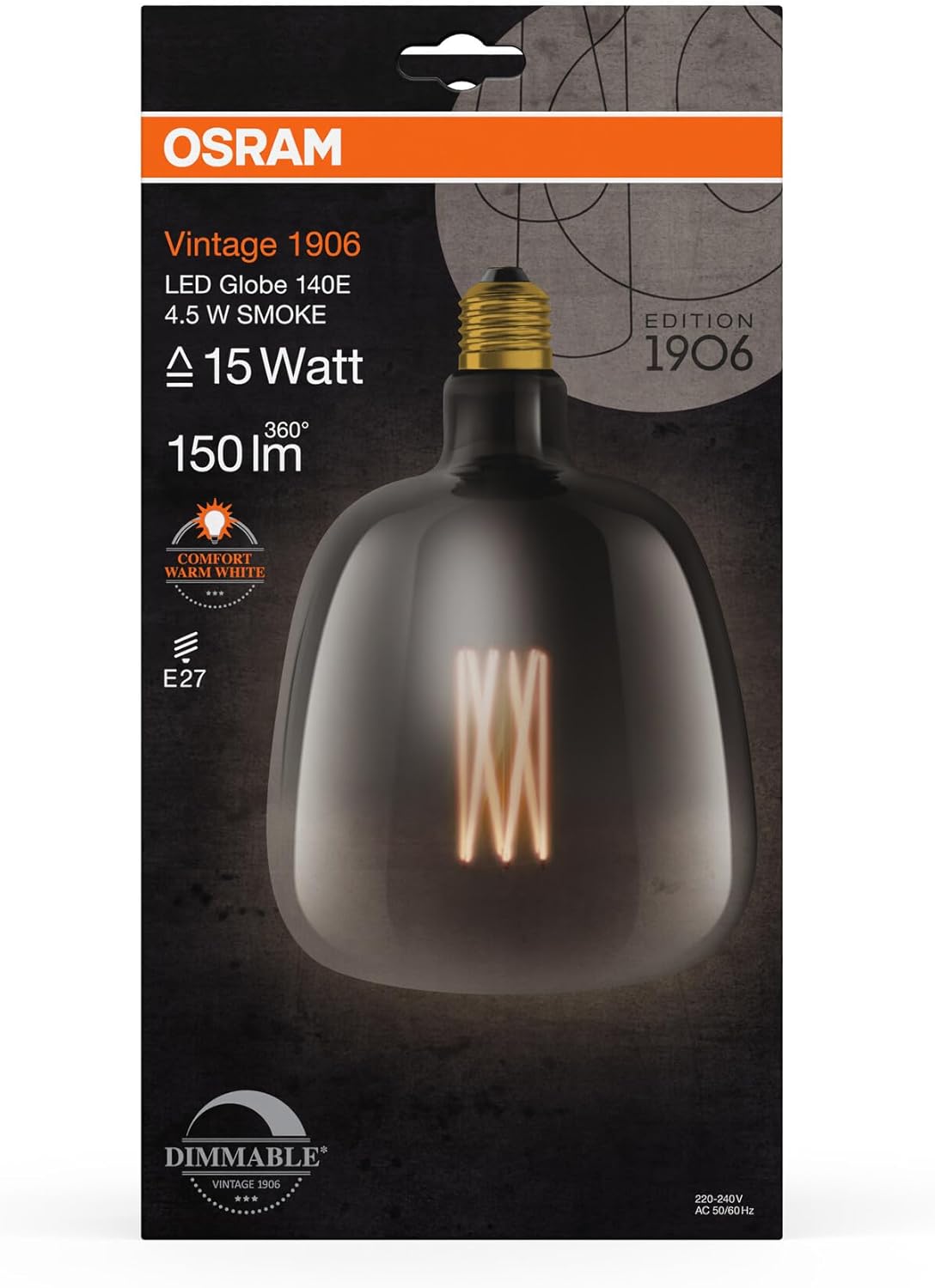 OSRAM LED Vintage 1906 Smoked Glass 4.5W 150lm Globe Shape 140mm Diameter E27 Warm White Linear Filament Dimmable Up To 15,000 Hours Life