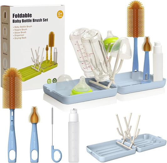 YOTIME Travel Bottle Brush, Travel Bottle Cleaner Kit with Foldable Bottle Drying Rack, for Visit Friends and Relations, Baby Travel Essentials, BPA Free, Blue