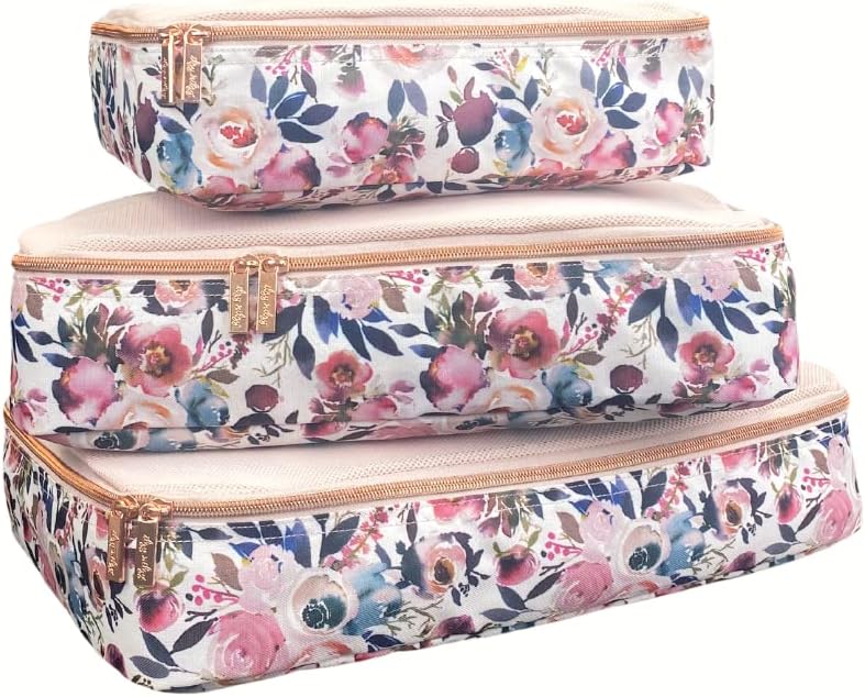 Itzy Ritzy Packing Cubes – Set of 3 Large Packing Cubes or Travel Organizers; Each Cube Features a Mesh Top, Double Zippers and a Fabric Handle; Blush Floral - Large Set (LPC9100)