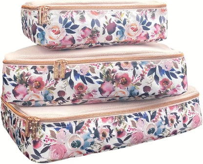 Itzy Ritzy Packing Cubes – Set of 3 Large Packing Cubes or Travel Organizers; Each Cube Features a Mesh Top, Double Zippers and a Fabric Handle; Blush Floral - Large Set (LPC9100)