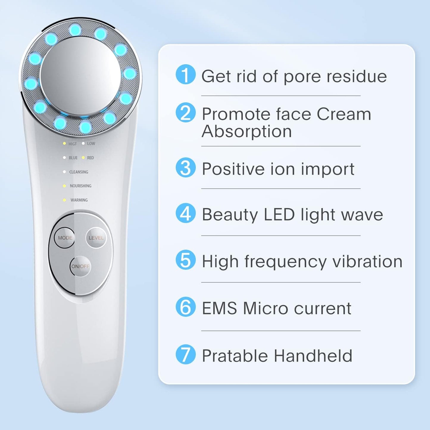Houzzi Facial Massager, Skin Care Tools 7 in 1 High Frequency Facial Machine, Skin Care Galvanic Facial Machine, Off-white