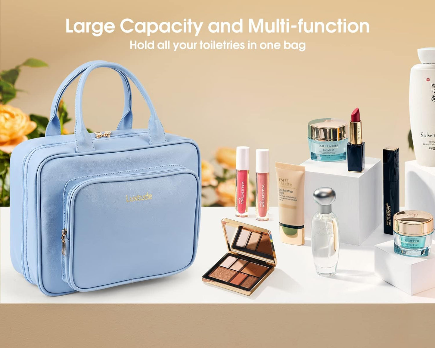 Luxtude Waterproof Leather Toiletry Bag for Women, Hanging Travel Toiletry Bag with 360°Hanging Hook, Large Travel Cosmetic Organizer for Toiletries, Bathroom Shower, Makeup Accessories etc.