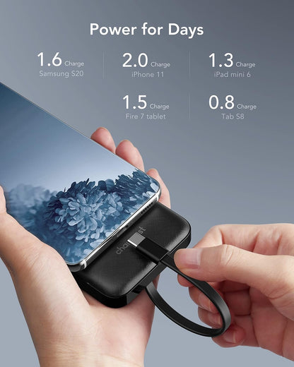 Charmast Power Bank with Built in Cable, 10000mAh USB C Battery Pack 6 Outputs 2 Inputs with LED Display Type C Powerbank Portable Charger Compatible with Smartphones Tablets and More (Black)