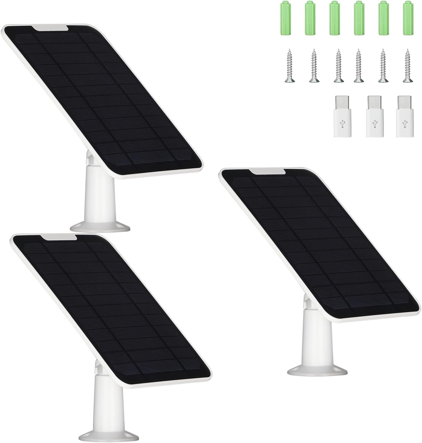 Upgrade 3PACK 5V 5W Solar Panel for Security Camera, Compatible with Eufycam 2C/2C Pro/2/2 Pro/E20/E40/E, Solar Panel with Micro USB Port, USB-C Adapter and 9.8ft/3m Charging Cord, White