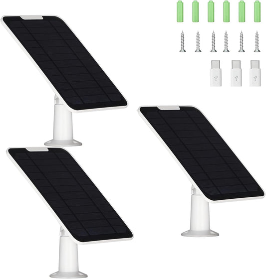 Upgrade 3PACK 5V 5W Solar Panel for Security Camera, Compatible with Eufycam 2C/2C Pro/2/2 Pro/E20/E40/E, Solar Panel with Micro USB Port, USB-C Adapter and 9.8ft/3m Charging Cord, White