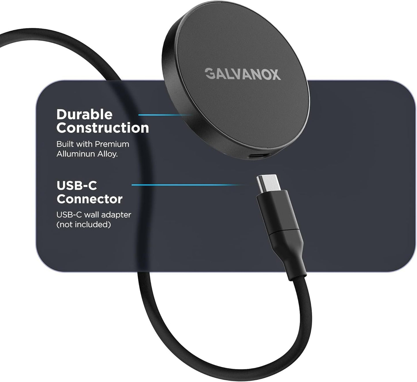 Galvanox Stick-On Magnetic Wireless Charger, Compatible with MagSafe (15W) iPhone Fast Charging, Low-Profile Pad for Wall, Home Office, Magnet Car Mount with Removable USB-C (Adhesive Mounting)