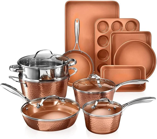 Gotham Steel Hammered Pots and Pans Set Nonstick, 15 Piece Elegant Induction Cookware Set, Long Lasting Nonstick Kitchen Set, Pan Set, Pot Set, Stay Cool Handles, Dishwasher Safe, 100% Toxin Free
