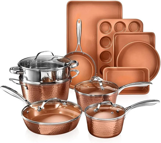 Gotham Steel Hammered Pots and Pans Set Nonstick, 15 Piece Elegant Induction Cookware Set, Long Lasting Nonstick Kitchen Set, Pan Set, Pot Set, Stay Cool Handles, Dishwasher Safe, 100% Toxin Free
