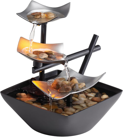 HoMedics Indoor 3-Tier Relaxation Tabletop Fountain, Automatic Pump with Power Switch, Extra Deep Basin with Natural River Rocks and Reflective Lighting Feature, EnviraScape Silver Springs
